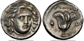 CARIAN ISLANDS. Rhodes. Ca. 305-275 BC. AR didrachm (19mm, 1h). NGC XF, brushed. Head of Helios facing, turned slightly right, hair parted in center a...