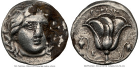 CARIAN ISLANDS. Rhodes. Ca. 305-275 BC. AR didrachm (19mm, 12h). NGC VF. Head of Helios facing, turned slightly right, hair parted in center and swept...