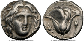 CARIAN ISLANDS. Rhodes. Ca. 305-275 BC. AR drachm (14mm, 3.40 gm, 1h). NGC VF 5/5 - 4/5. Head of Helios facing, turned slightly right, hair parted in ...
