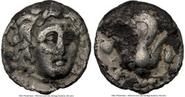 CARIAN ISLANDS. Rhodes. Ca. 305-275 BC. AR hemidrachm (12mm, 12h). NGC Fine. Facing head of Helios, turned slightly right, hair parted in center and s...
