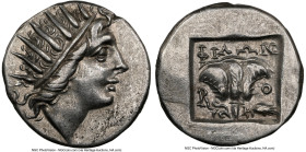 CARIAN ISLANDS. Rhodes. Ca. 88-84 BC. AR drachm (10mm, 10h). NGC Choice XF. Plinthophoric standard, Philon, magistrate. Radiate head of Helios right /...