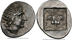 CARIAN ISLANDS. Rhodes. Ca. 88-84 BC. AR drachm (16mm, 11h). NGC XF. Plinthophoric standard, Nicagoras, magistrate. Radiate head of Helios right / NIK...