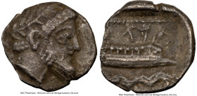 PHOENICIA. Aradus. Ca. 400-350 BC. AR obol (10mm, 7h). NGC XF. Laureate, bearded head of Ba'al-Arwad right / MA' (Phoenician), galley sailing right ov...