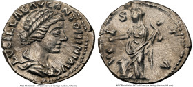 Lucilla (AD 164-182). AR denarius (19mm, 6h). NGC AU. Rome. LVCILLAE AVG ANTONINI AVG F, draped bust of Lucilla right, seen from front, hair weaved an...