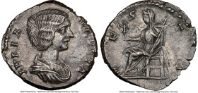 Julia Domna (AD 193-217). AR denarius (19mm, 3.60 gm, 7h). NGC Choice AU 5/5 - 3/5. Rome. IVLIA-AVGVSTA, draped bust of Julia Domna right, seen from f...