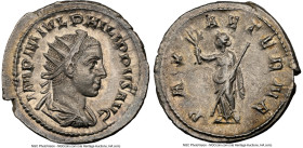 Philip II, as Caesar (AD 247-249). AR antoninianus (23mm, 1h). NGC AU. Rome. IMP M IVL PHILIPPVS AVG, radiate, draped, and cuirassed bust of Philip II...