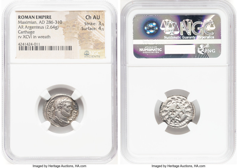 Maximian (AD 286-310). AR argenteus (19mm, 2.64 gm, 10h). NGC Choice AU 3/5 - 4/...