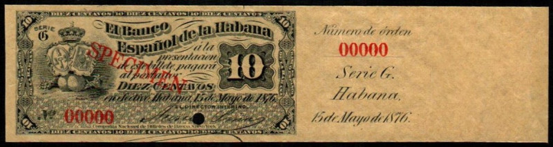 15 de mayo de 1876. Banco Español de la Habana. 10 centavos. Serie G. SPECIMEN e...