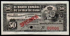 15 de mayo de 1896.  Banco Español de la Isla de Cuba. 50 centavos. Serie H. SPECIMEN. SC. Raro