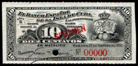 15 de febrero de 1897. Banco Español de la Isla de Cuba. 10 centavos. Serie K. SPECIMEN. SC. Raro