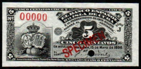 15 de mayo de 1898. Banco Español de la Isla de Cuba. 5 centavos. Serie J. SPECIMEN. SC. Raro