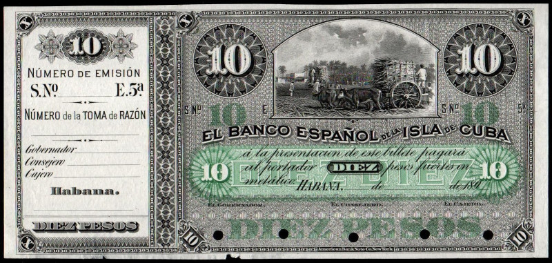 189-. Banco Español de la Isla de Cuba. 10 pesos. Prueba de anverso en papel fin...
