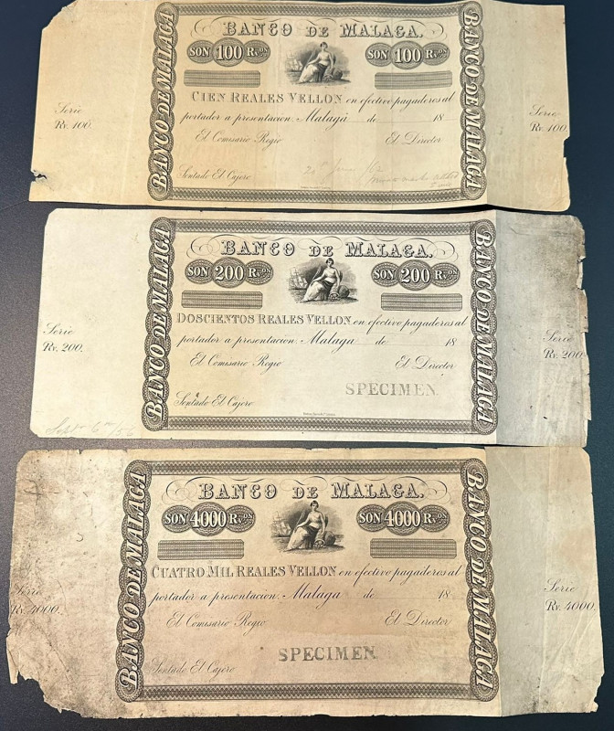 (24 de septiembre de 1856). Banco de Málaga. 18--. I emisión. 100, 200 y 4.000 r...