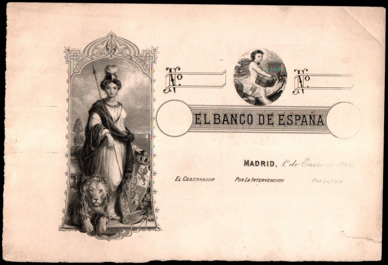 1 de enero de 1866. Banco de España. Prueba calcográfica del grabado principal d...