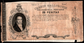 CAMBIO MALLORQUÍN. (1880). 25 pesetas. Serie E. Palma. Obligación. EBC. Muy raro