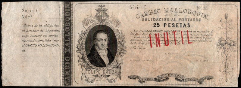 CAMBIO MALLORQUÍN. (1880). 25 pesetas. Serie E. Palma. Obligación al portador (c...