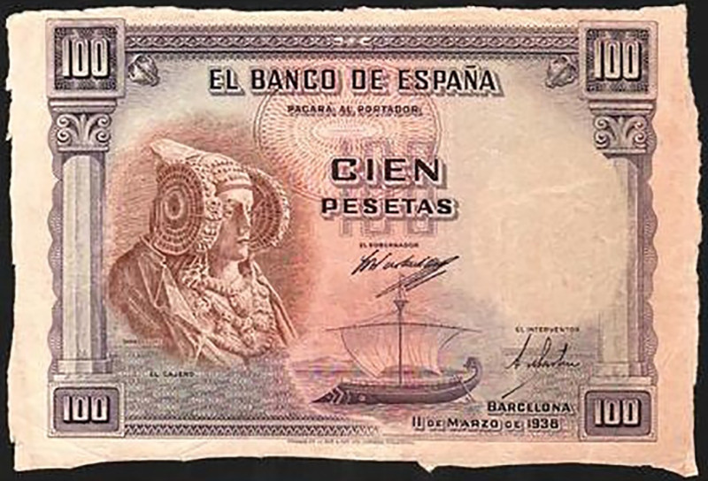 11 de marzo de 1938. 100 pesetas. Sin firma del cajero. Sin numeración. ENE34 (m...