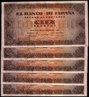 20 de mayo de 1938. 100 pesetas. Serie H. Cinco correlativos. Prácticamente SC. Lote de 5