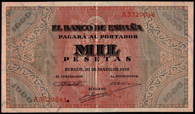 20 de mayo de 1938. 1.000 pesetas. Serie A. E434. Manchita. MBC+, mínimos restos...