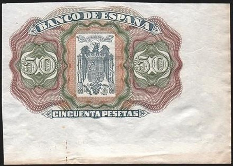 ¿1940?. 50 pesetas. Prueba calcográfica de impresión del reverso. Márgenes ampli...