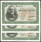 9 de enero de 1940. 50 pesetas. Serie D. Trío correlativo. EBC+. Lote de 3