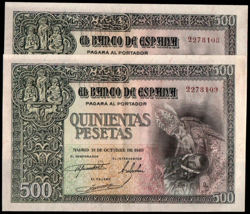 21 de octubre de 1940. 500 pesetas. Sin serie. Pareja correlativa. E444. Doblez ...