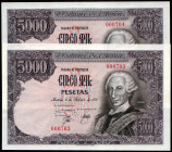 6 de febrero de 1976. 5.000 pesetas. Sin serie. Numeración baja, 000703 y 704. SC. Lote de 2