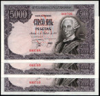 6 de febrero de 1976. 5.000 pesetas. Sin serie. Numeración baja, 000708, 709 y 710. SC/SC-. Lote de 3