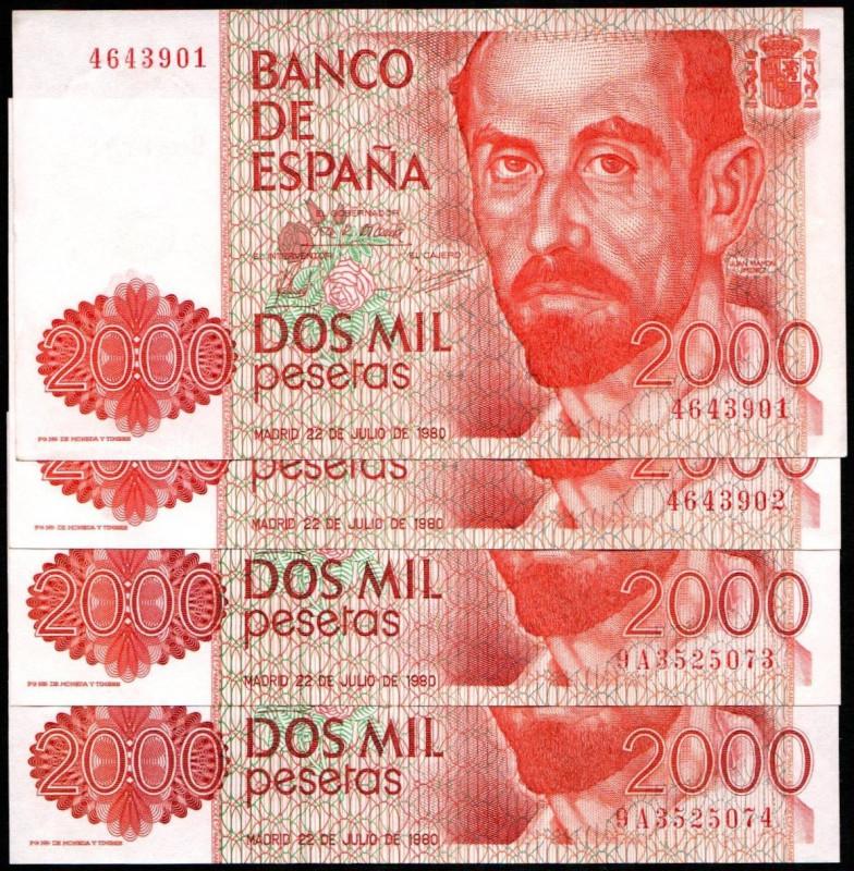 22 de julio de 1980. 2.000 pesetas. Sin serie y seria 9A. Parejas correlativas. ...