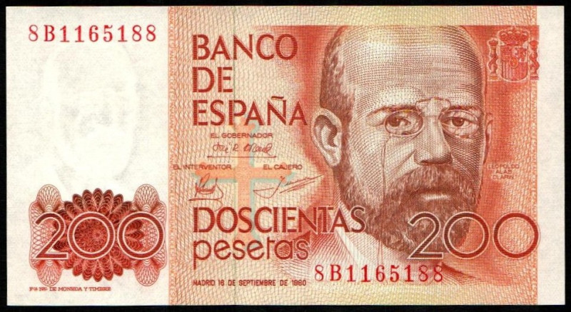 16 de septiembre de 1980. 200 pesetas. Serie 8B. E480c (100€). SC, apresto origi...