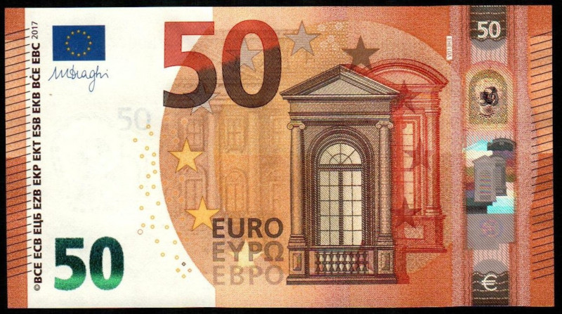 2017. 50 euros. Serie VH0077. Test note. Firma Draghi. Parecen localizarse dos p...