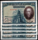 15 de agosto de 1928. 25 pesetas. Serie E. Cinco correlativos. SC. Lote de 5