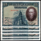15 de agosto de 1928. 25 pesetas. Serie E. Cinco correlativos. SC. Lote de 5