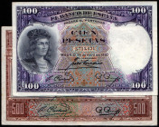 25 de abril de 1931. 100 pesetas. Sin serie. 500 pesetas. Sin serie. Lote de 2