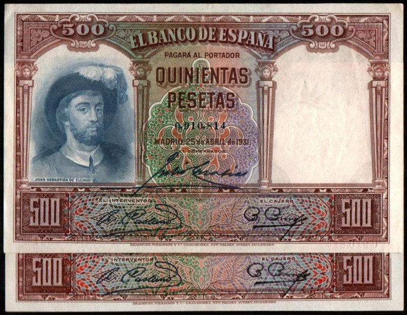 25 de abril de 1931. 500 pesetas. Dos no correlativos. E361. MBC+, restos de apr...