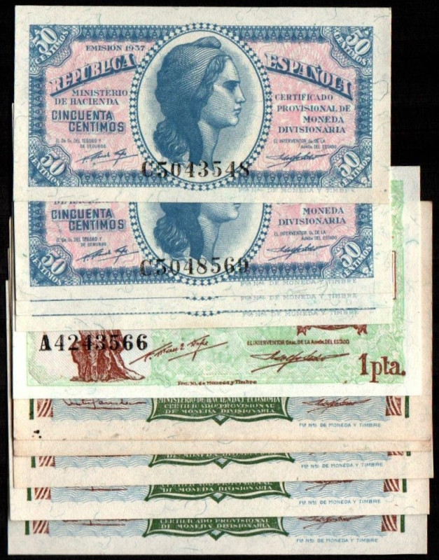 1938. 2 pesetas. Serie A. Pareja correlativa más tres sueltos. K393. 1937. 50 cé...