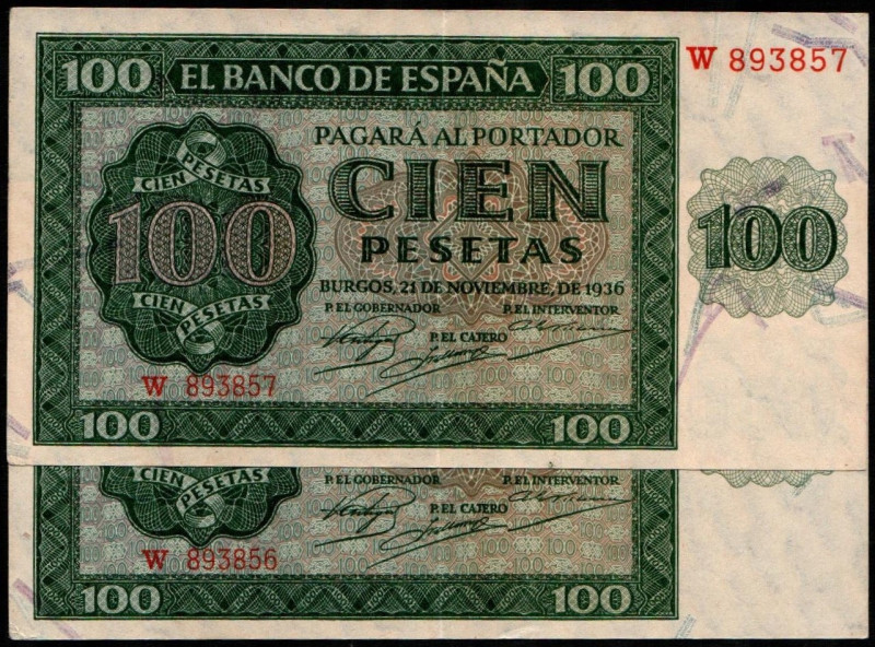 21 de noviembre de 1936. 100 pesetas. Serie W. Pareja correlativa. E421a. Prácti...