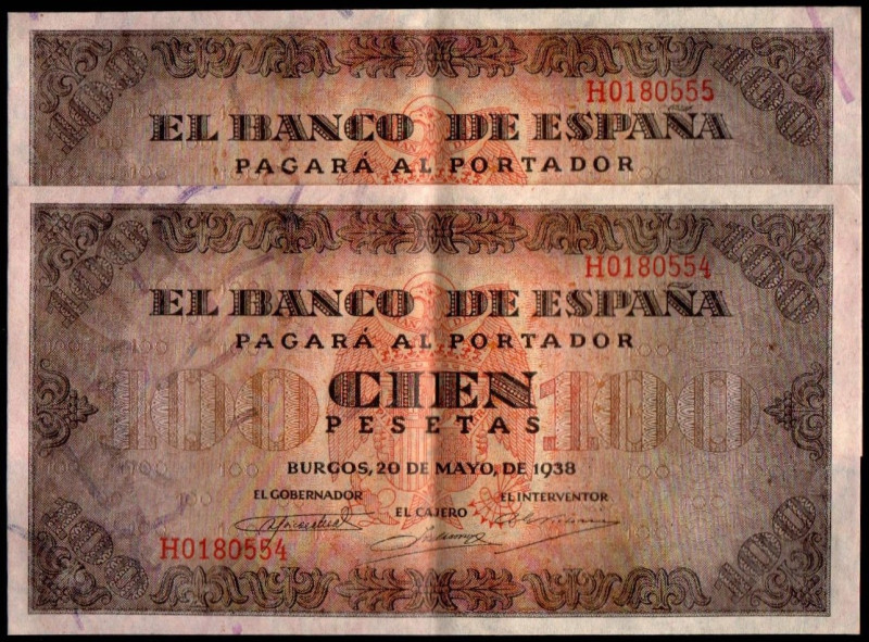 20 de mayo de 1938. 100 pesetas. Serie H. Pareja correlativa. E432a. Doblez cent...