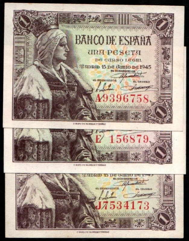 15 de junio de 1945. 1 peseta. Series A, E y J. E448a. SC, apresto original. Lot...