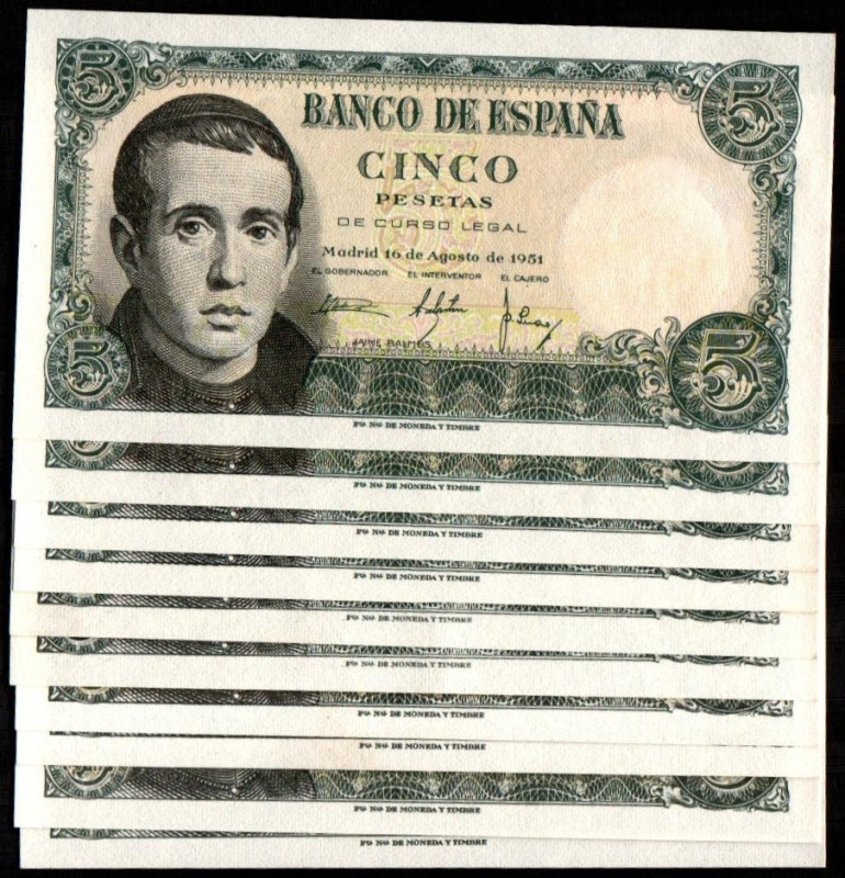 16 de agosto de 1951. 5 pesetas. Series P, 1H, 1I, 1J y 1L. Cinco parejas correl...