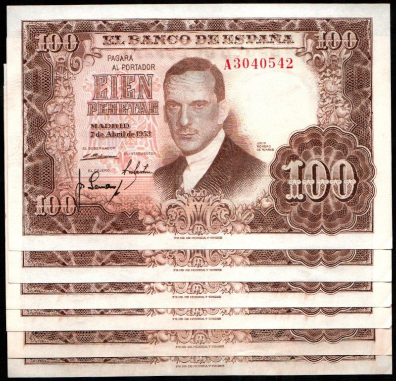 7 de abril de 1953. 100 pesetas. Series A, B y F. Tres parejas correlativas. E46...