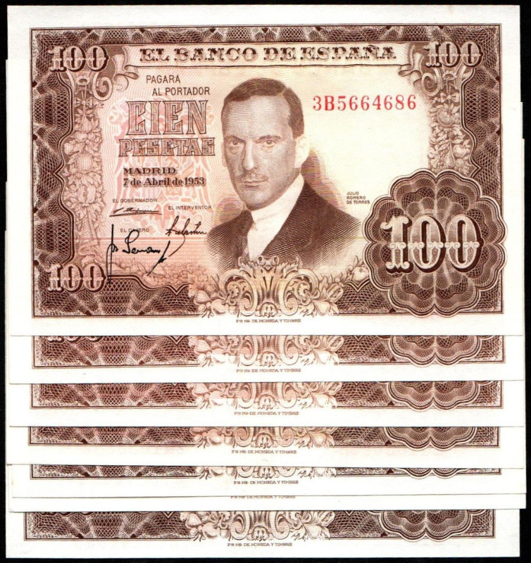 7 de abril de 1953. 100 pesetas. Series 1Q, 2Q y 3T. Tres parejas correlativas. ...