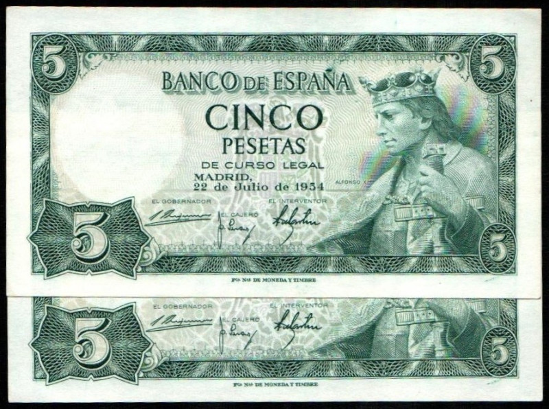 22 de julio de 1954. 5 pesetas. Sin serie. Pareja correlativa. E466. Dos piquito...