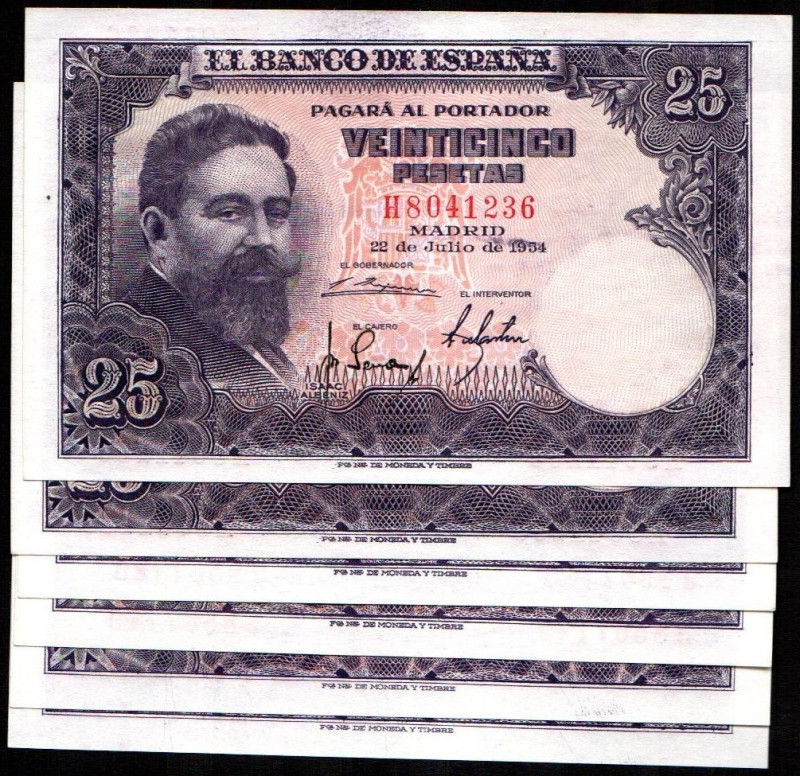 22 de julio de 1954. 25 pesetas. Series H, J y K. Tres parejas correlativas. E46...