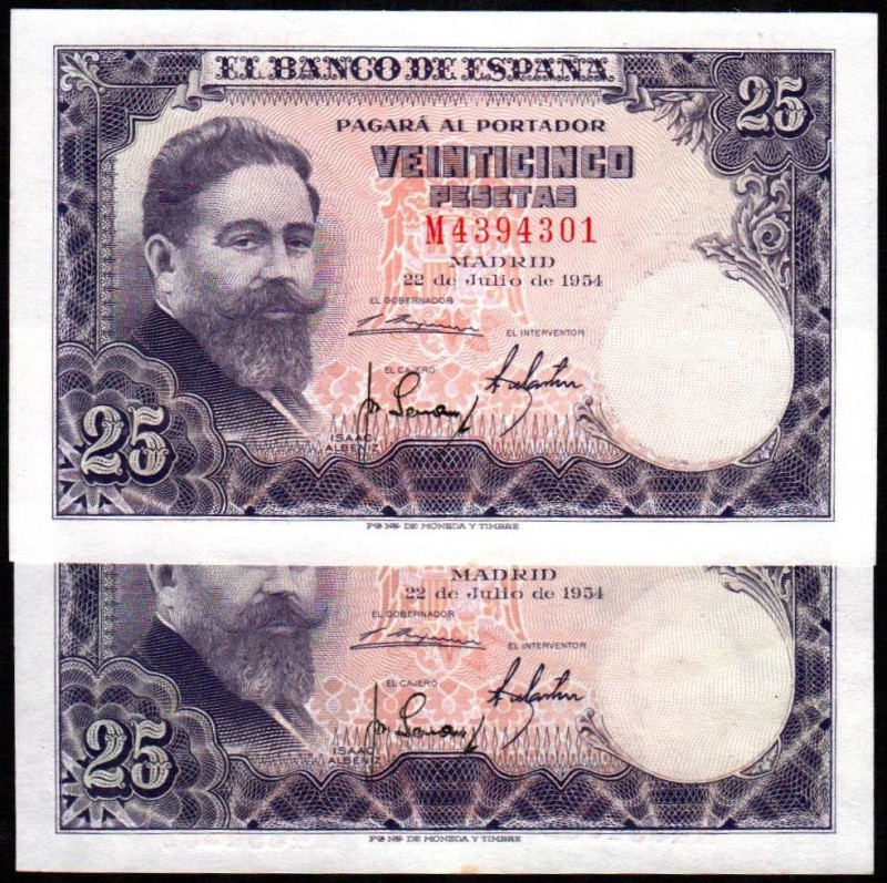 22 de julio de 1954. 25 pesetas. Serie M. Pareja correlativa. E467a. Ínfima marq...