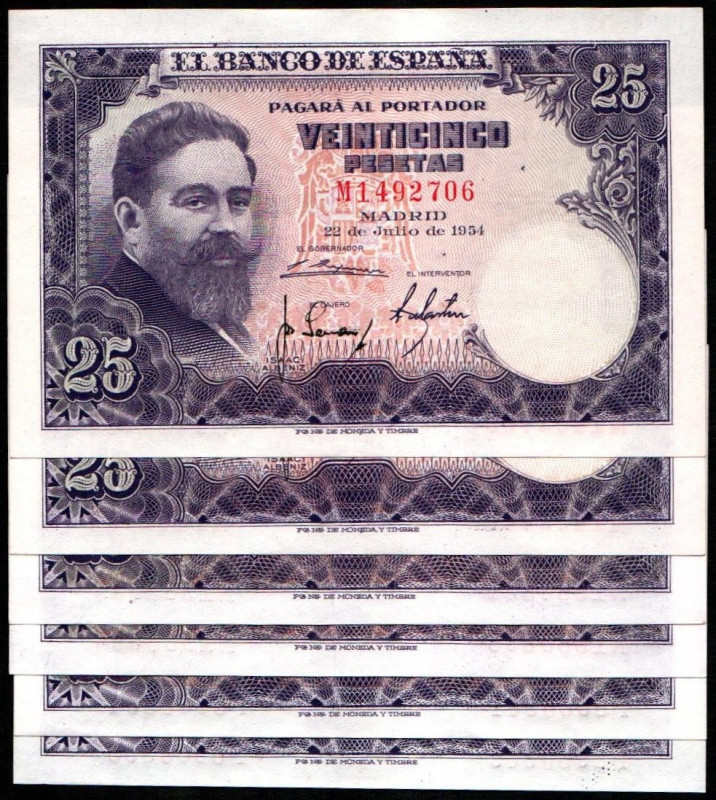 22 de julio de 1954. 25 pesetas. Series M, N y P. Tres parejas correlativas. E46...