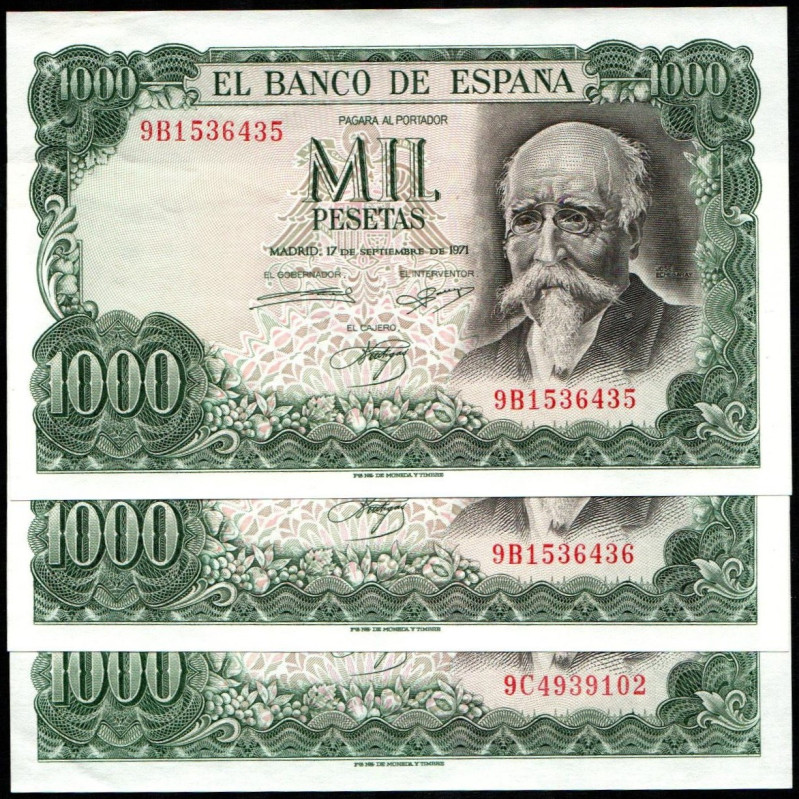 17 de septiembre de 1971. 1.000 pesetas. Series 9B (2) y 9C. Pareja correlativa....