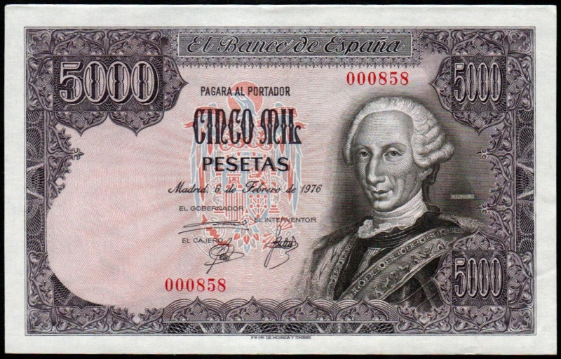 6 de febrero de 1976. 5.000 pesetas. Sin serie. Numeración baja, 000858. E475. M...