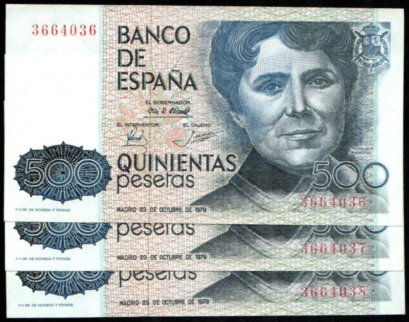 23 de octubre de 1979. 500 pesetas. Sin serie. Trío correlativo. E476. Levísima ...