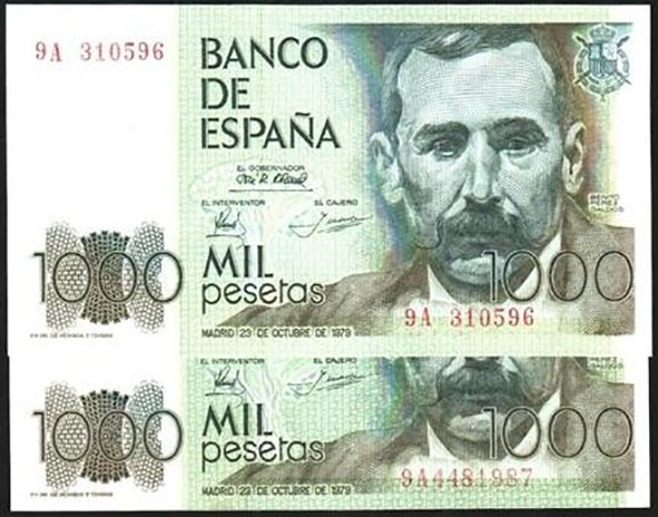 23 de octubre de 1979. 1.000 pesetas. Serie 9A. Numeración con seis y siete dígi...